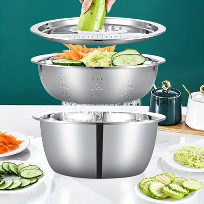 3-Piece Stainless Steel Mixing Bowl & Strainer Set – Multifunctional for Washing, Slicing & Prepping Fruits & Vegetables