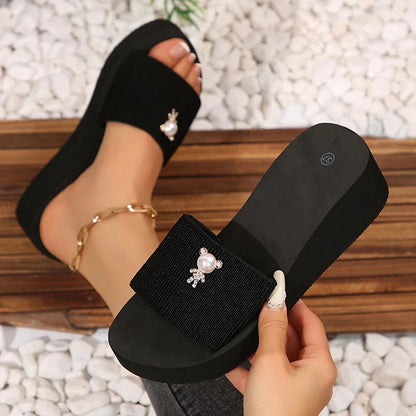 Women’s Pearl Butterfly Wedge Slippers – Black Elastic Platform Sandals, Summer Comfort Non-Slip Beach Slides