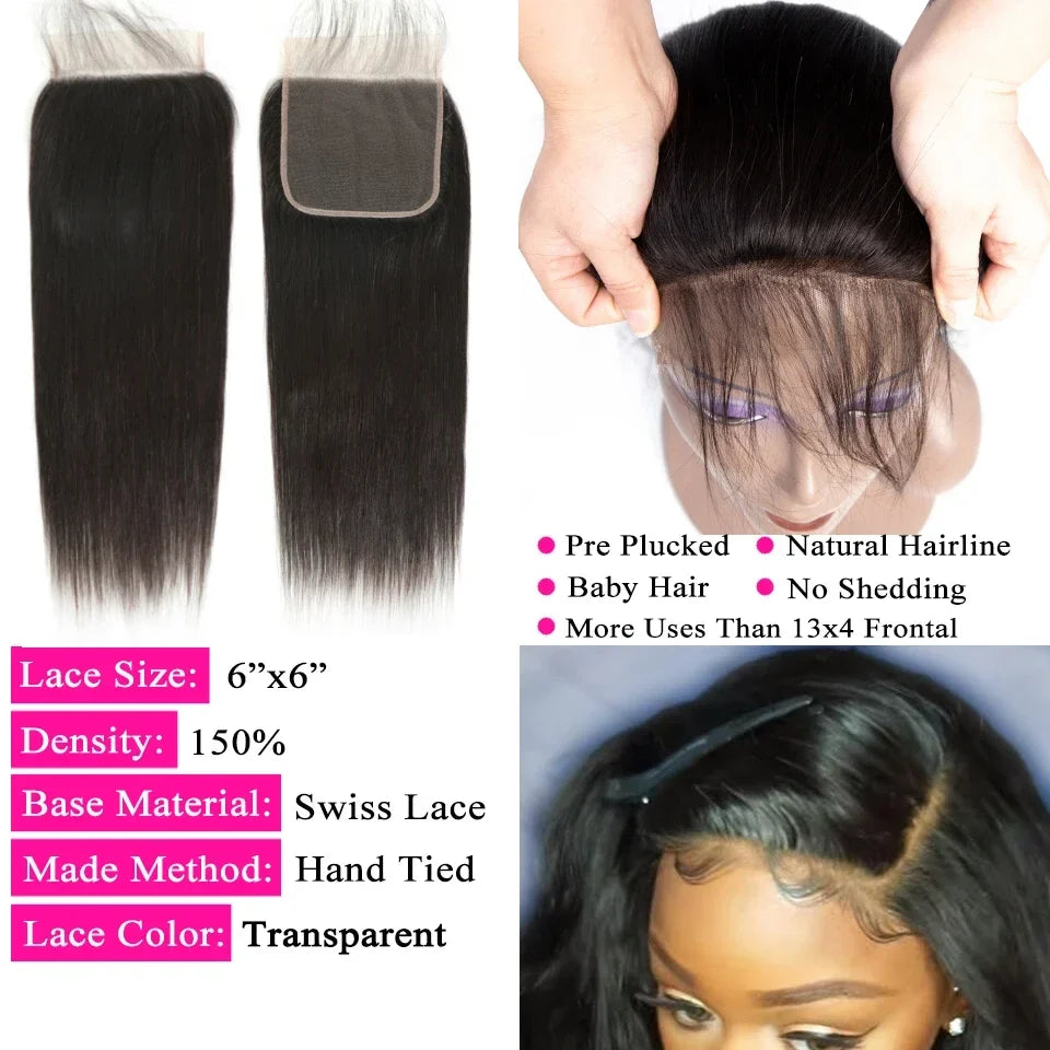 Queenlike Straight Human Hair Bundles With Lace Closure - Brazilian Weave 30 40 Inch 5x5 6x6 13x4 Frontal Hair Extensions