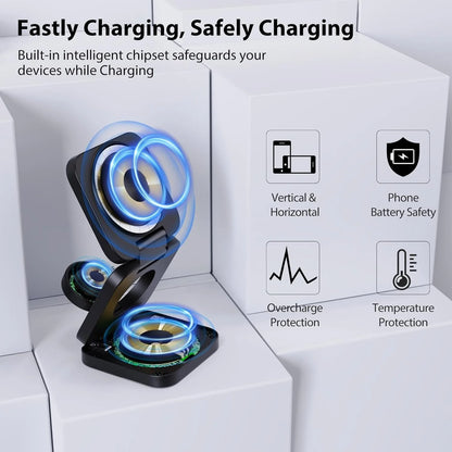 Fast 3-in-1 Magnetic Wireless Charger – Foldable Charging Stand for iPhone 16-12, Apple Watch Series 10-3 & AirPods Pro/3/2