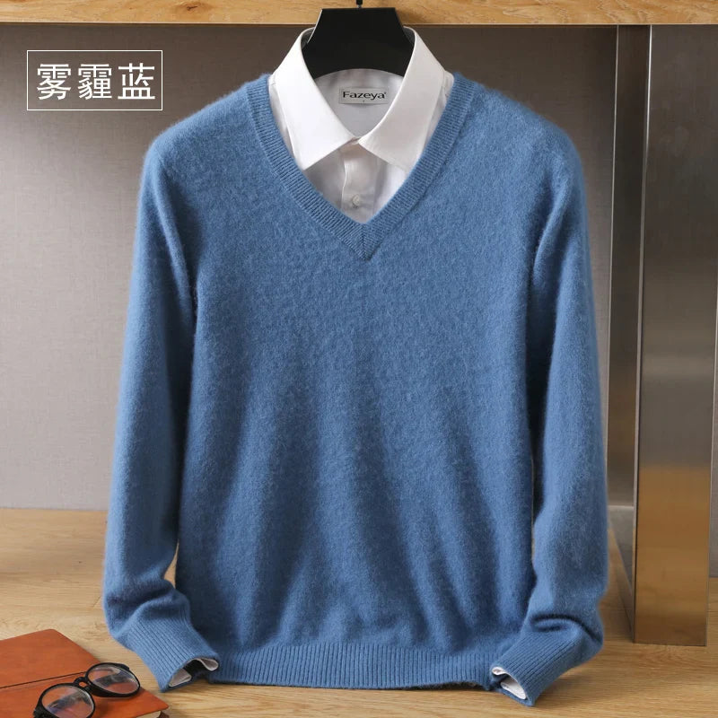 Men’s 100% Pure Mink Cashmere Sweater – V-Neck Knit Pullover, Long Sleeve Winter Jumper, Large Size High-End Top