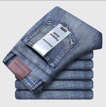Men's Classic Stretch Jeans - Business Casual Straight Leg Denim Work Trousers in Blue & Black