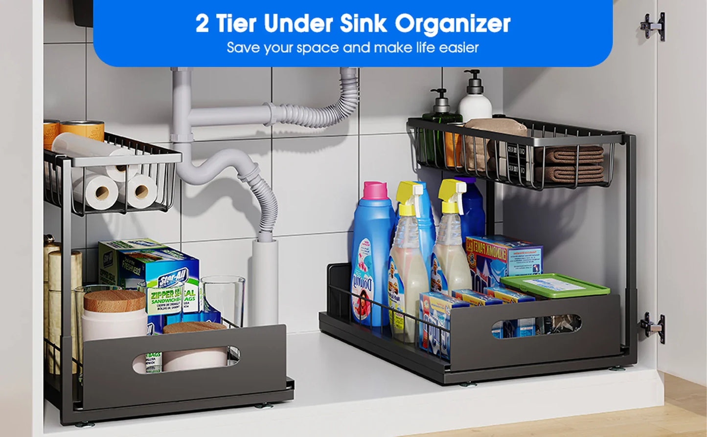 Under Sink 2-Tier Sliding Cabinet Organizer — Pull-Out Basket Drawer for Bathroom & Kitchen Storage