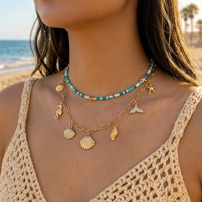 Bohemian Shell Layered Necklace - Vintage Starfish & Turtle Blue Beaded Beach Jewelry for Women