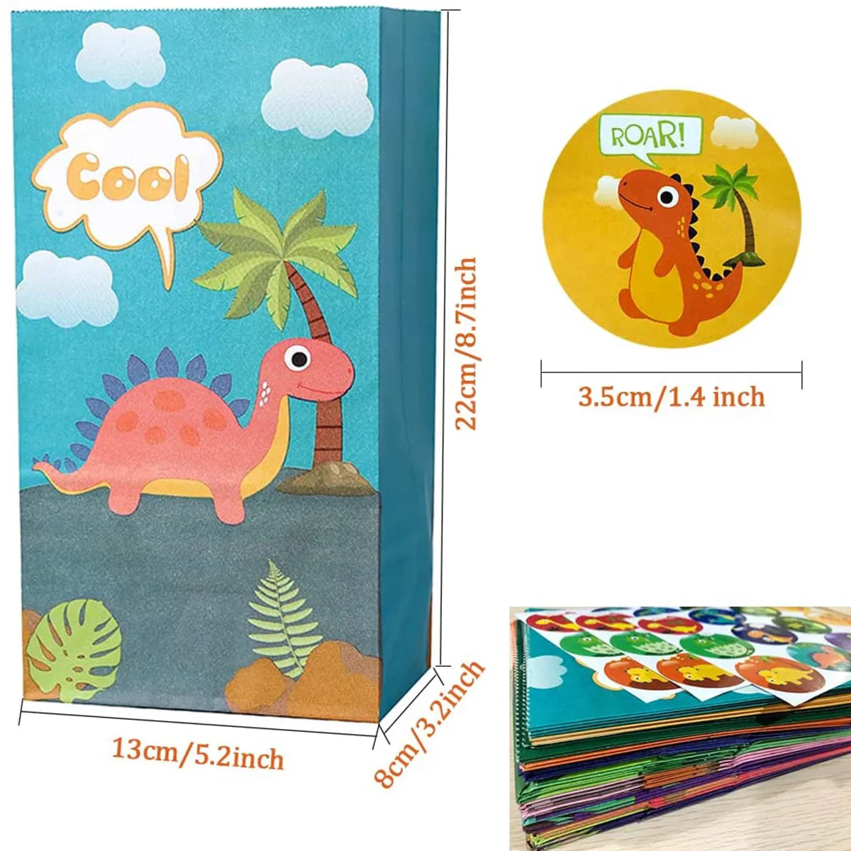 30Pcs Dinosaur Party Bags - Thicken Paper Dinosaur Gift Bags with 36 Stickers - Recyclable and Odorless Candy Bags for Dinosaur Party Gifts