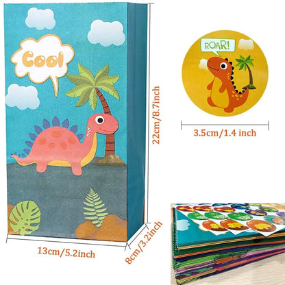 30Pcs Dinosaur Party Bags - Thicken Paper Dinosaur Gift Bags with 36 Stickers - Recyclable and Odorless Candy Bags for Dinosaur Party Gifts