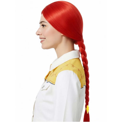 Red Long Straight Wig with Braided Ponytail - Yellow Bow Synthetic Cosplay Hair