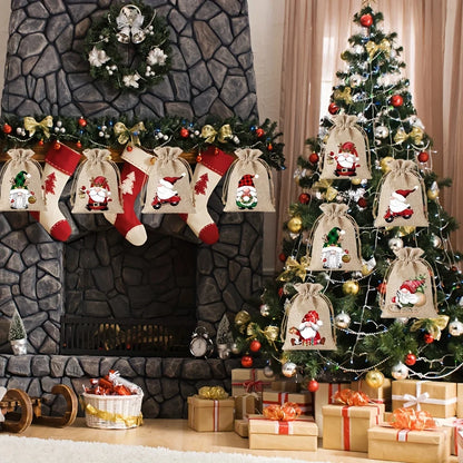 12PCS Christmas Linen Drawstring Gift Bags – 13×18cm Jewelry & Party Pouches with Random Patterns