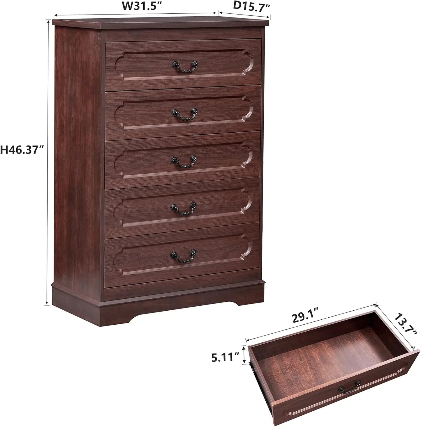 5-Drawer Farmhouse Dresser – Cherry Wood Chest of Drawers for Bedroom, Rustic Wide Storage Solution