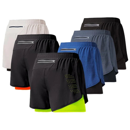 Men’s Quick-Dry Running Shorts — Black Double Layer Sport Workout Training Bodybuilding Shorts