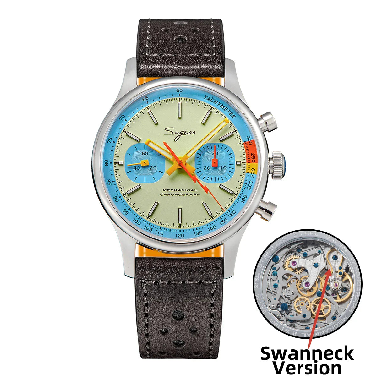 Sugess Pilot Men’s Chronograph Watch — Original ST1901 Mechanical Movement, Sapphire Crystal, Waterproof Racing Strap