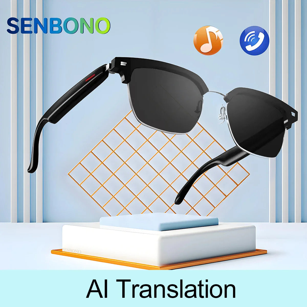 SENBONO Smart AI Translation Glasses – Real-Time Translation in 100+ Languages with Bluetooth Music, Built-in Mic & Speakers