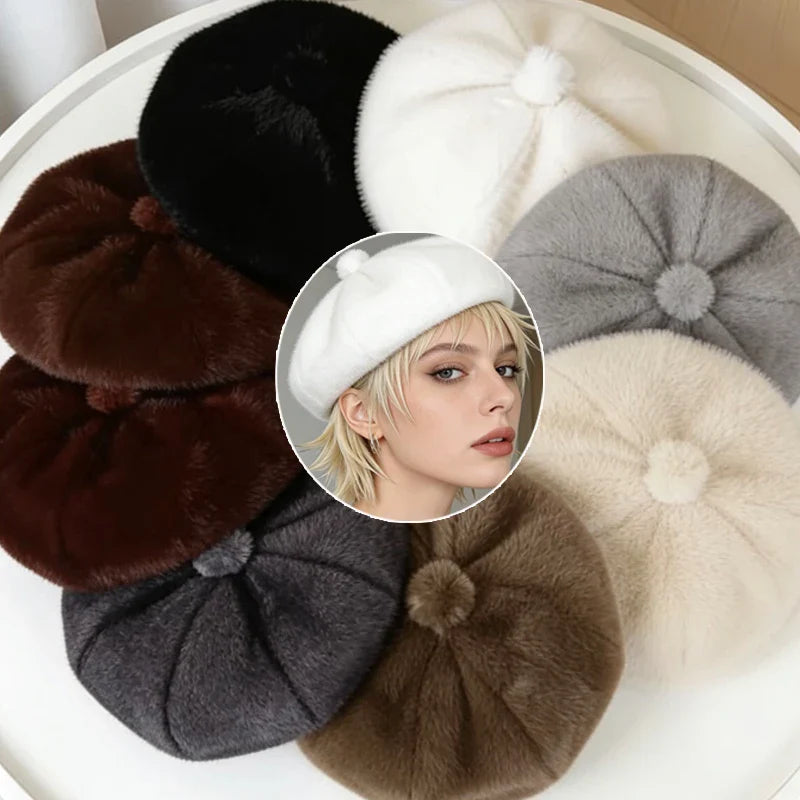 Thickened Plush Winter Beret for Women – Fleece-Lined Painter Style Hat, Elastic Cold Weather Cap, Vintage Retro Fashion Outdoor Wear