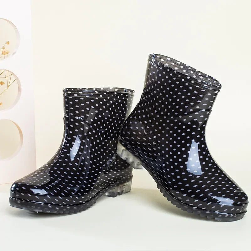Women’s Black Polka Dot Rain Shoes – Waterproof, Non-Slip PVC Kitchen & Work Short Tube Boots for Summer