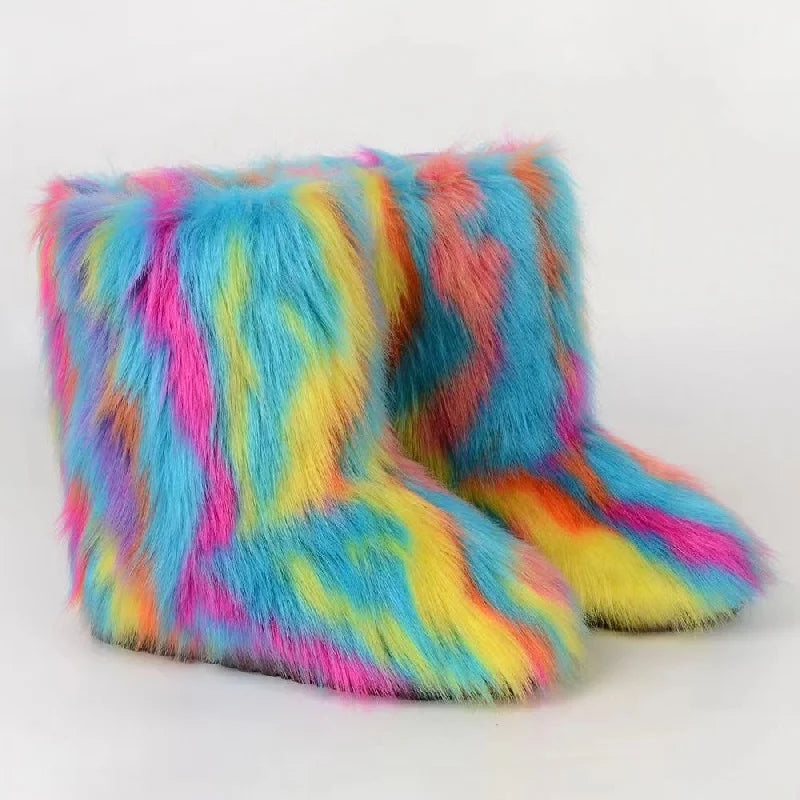 Y2K Women’s Fluffy Mid-Calf Snow Boots – Warm Cotton Winter Fashion Shoes