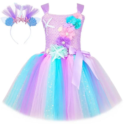 Princess Mermaid Dress for Girls - Pastel Floral Tutu Party & Halloween Costume Dress