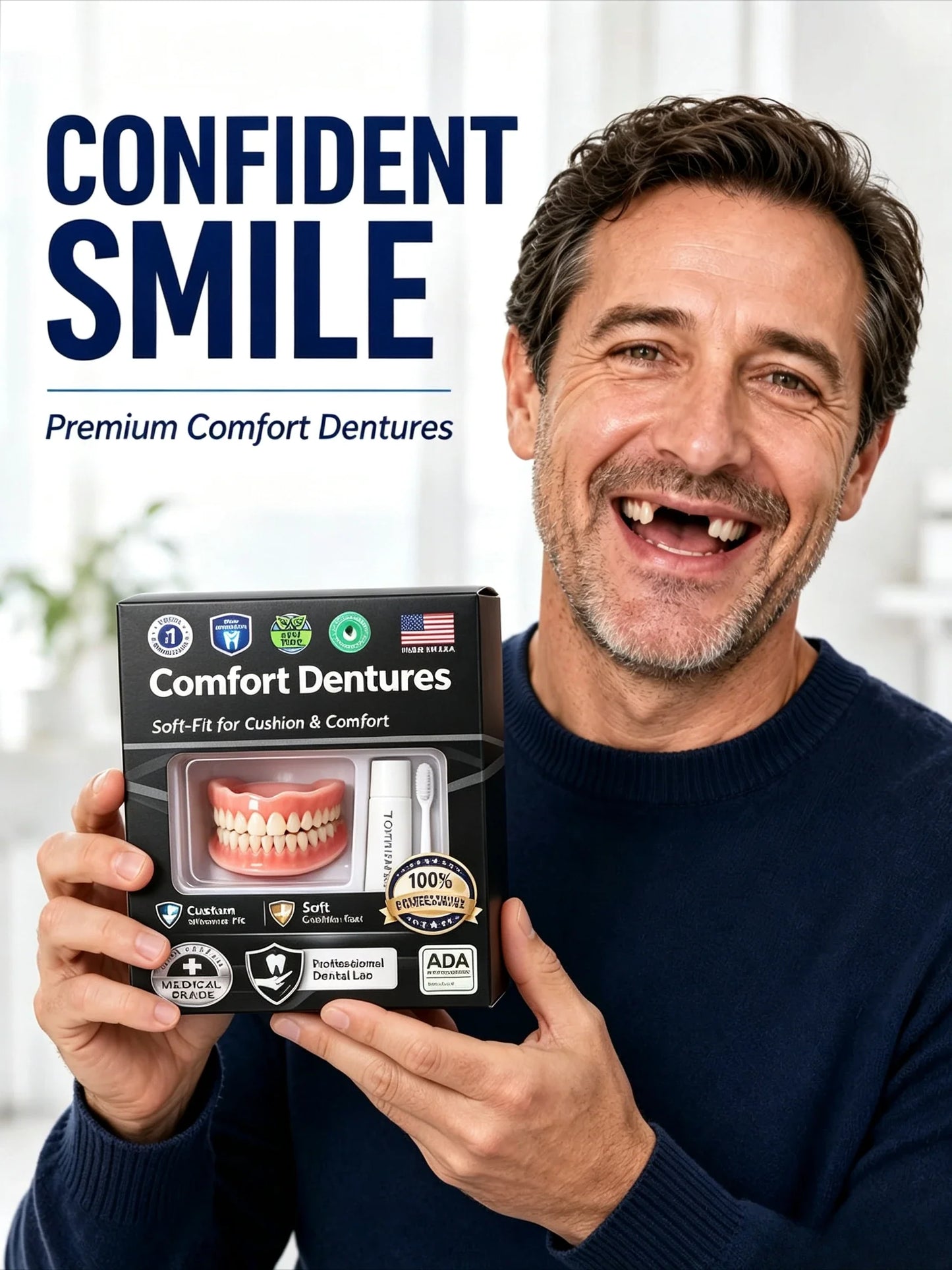 Adjustable Temporary Full Denture Set - Comfortable Natural-Look Cosmetic Teeth