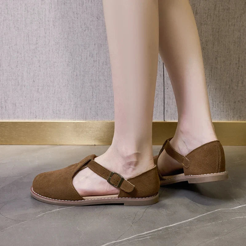 AIYUQI Women’s Retro Leather Sandals 2024 — Flat Sole Hollow Roman Style Summer Shoes