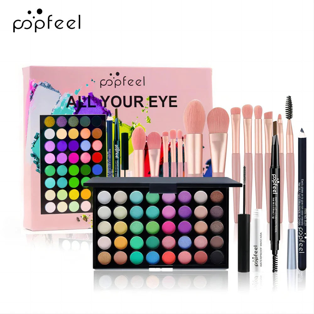 POPFEEL 40-Color Eyeshadow Palette & Eye Makeup Kit — Eyebrow Pencil, Eyeliner, Mascara + Brushes