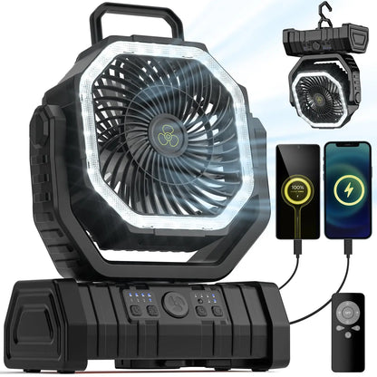 20000mAh Portable Camping Fan — Rechargeable Battery-Powered Outdoor Tent Fan with LED Light, Hanging Hook & 4-Speed Wind