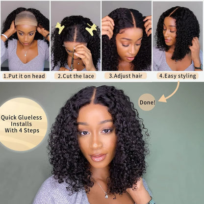 12A Brazilian Kinky Curly Bob Wig - Human Hair Lace Frontal Wigs, 180 Density - Glueless Wear-and-Go Water Wave Closure Wig