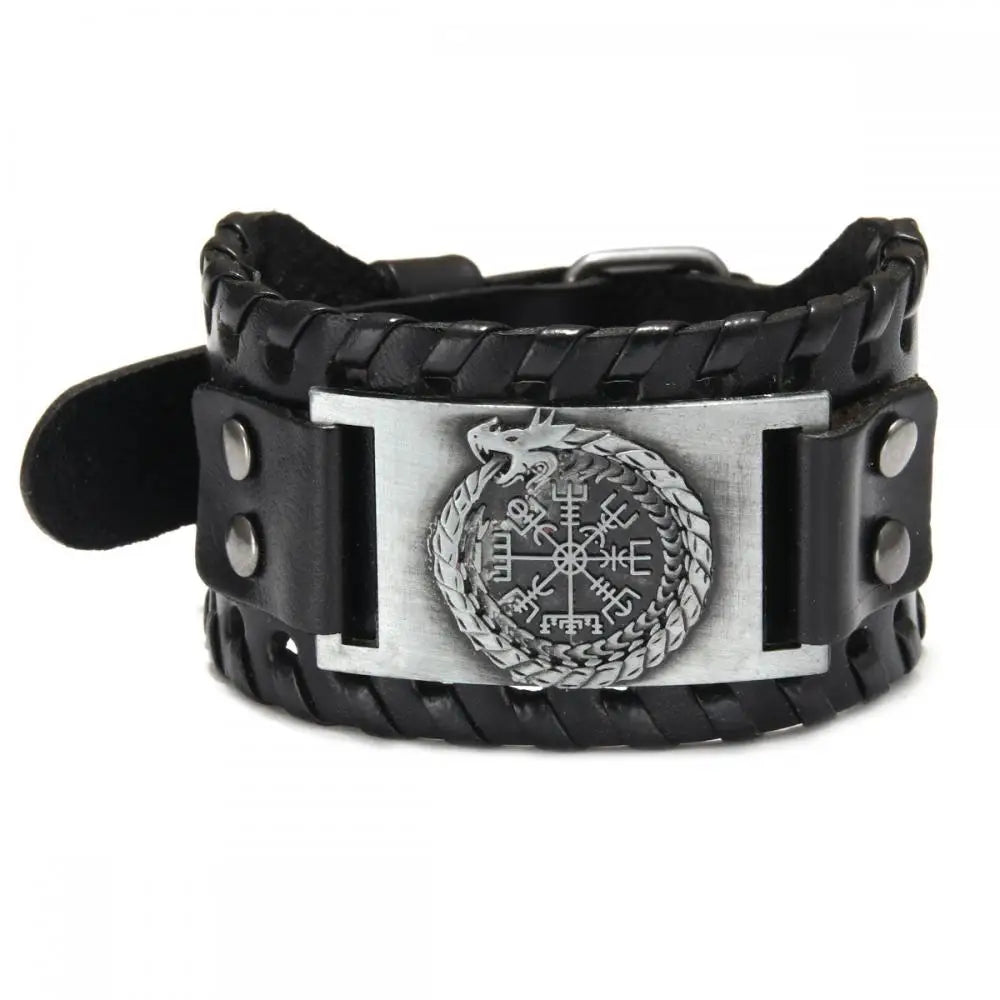 Totem Design Wide Leather Pirate Compass Bracelet - Men's Celtic Viking Jewelry, Party Gift Accessories