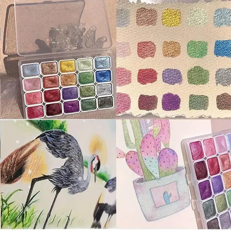 20/24/60/72-Color Metal Watercolor Set – Portable Sparkling Pearl Solid Paints for Artists