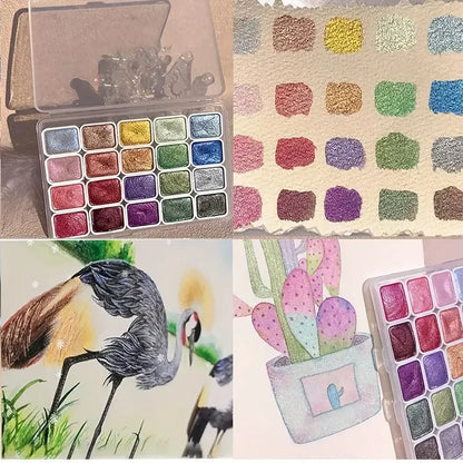 20/24/60/72-Color Metal Watercolor Set – Portable Sparkling Pearl Solid Paints for Artists
