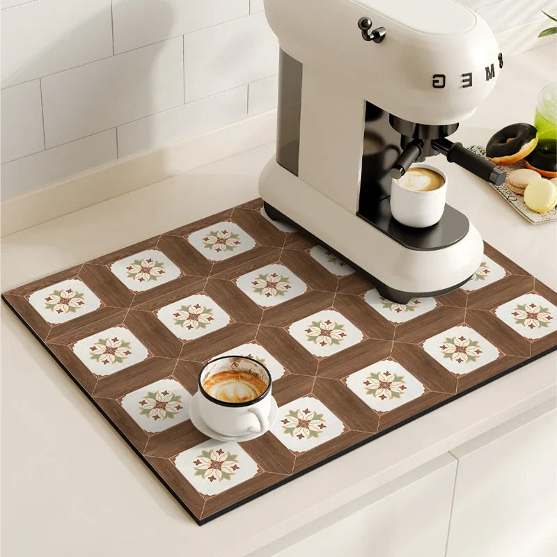 Retro Coffee Maker & Dish Drying Mat – Non-Slip, Quick-Dry Kitchen Placemat for Tableware, Washable
