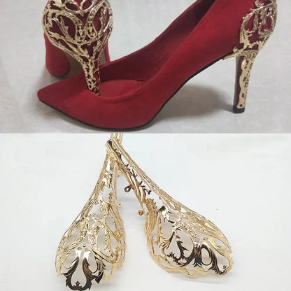 1Pair Metal Heel Covers - Thin High-Heeled Shoes Repair Accessories, Decorative Hollow Metal Pieces, Chinese Retro Style