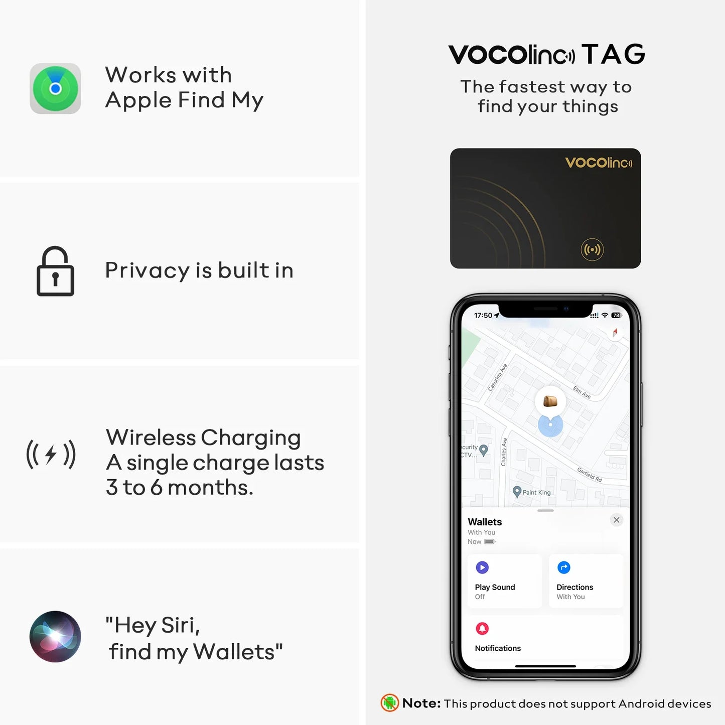 VOCOlinc Wireless Charging Bluetooth Smart Tag — 1/2PCS Global Locator & Item Finder Card, Compatible with Find My (iOS Only)