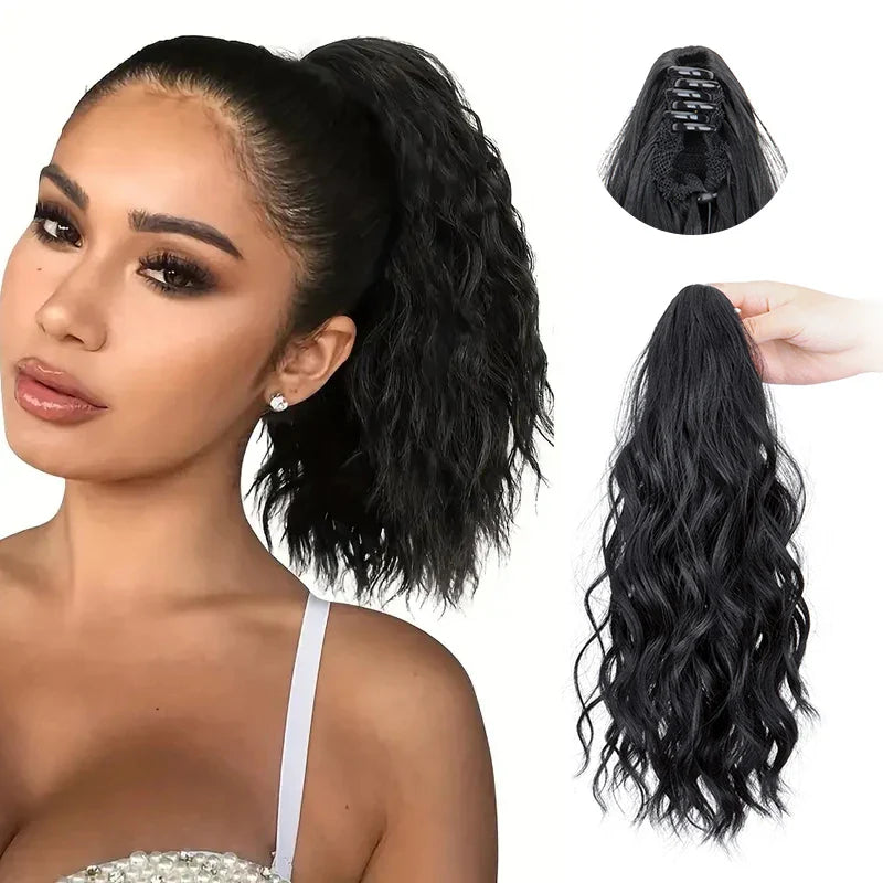 Synthetic Short Curly Water Wave Claw Clip-In Ponytail – Black & Blonde Hair Extension for Women Fashion Accessories