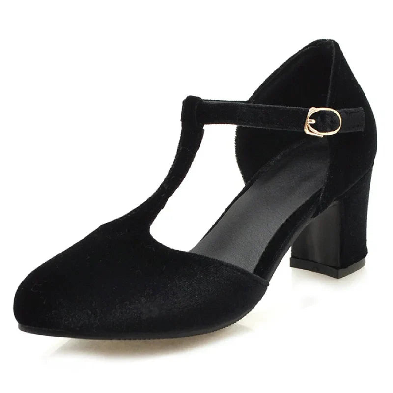 Women’s T-Strap High Heels – Velvet Mary Jane Pumps, Red & Green Party, Wedding, Office Shoes, Plus Size 45