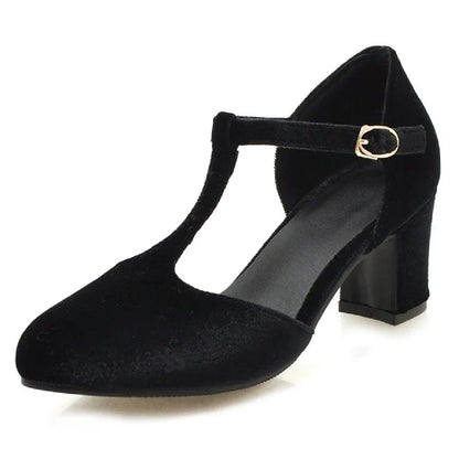 Women’s T-Strap High Heels – Velvet Mary Jane Pumps, Red & Green Party, Wedding, Office Shoes, Plus Size 45