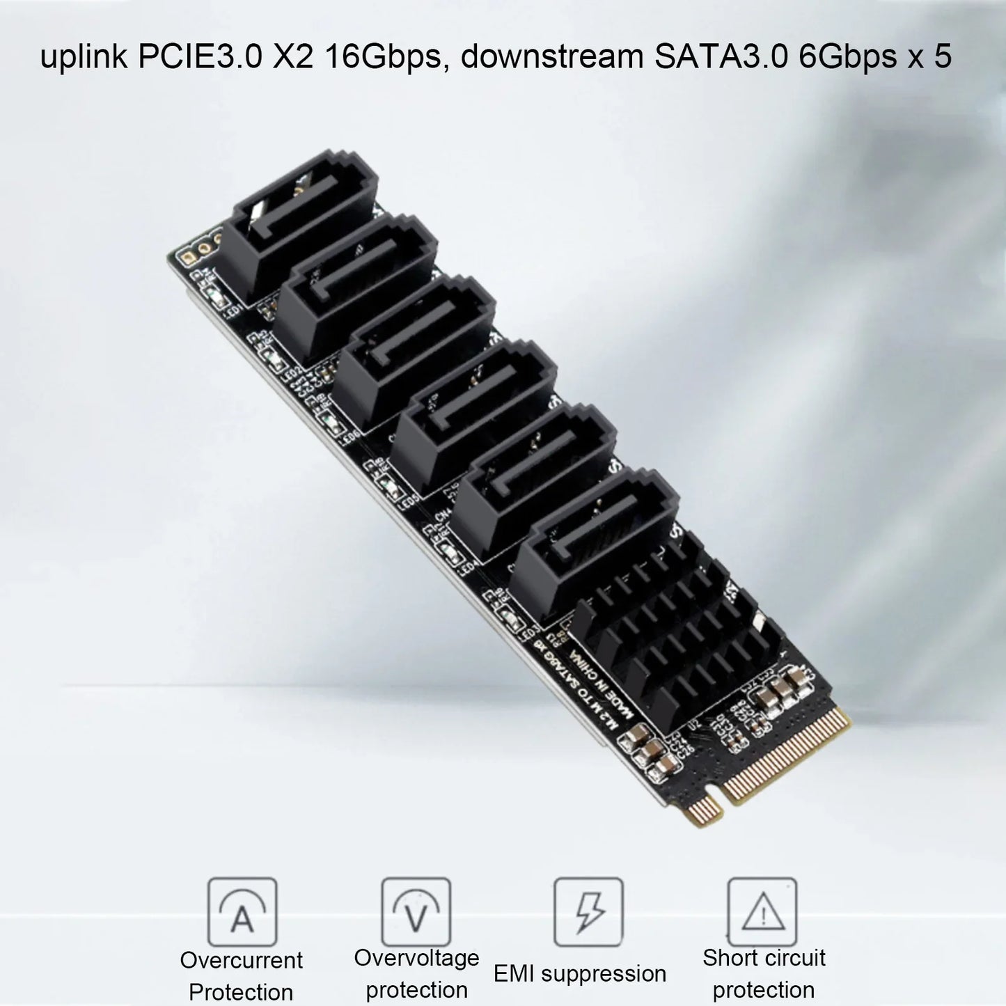M.2 to SATA 3.0 Adapter Card — 6Gbps High-Speed ASM1166 PCIe to SATA Expansion Card with Smart Indicator