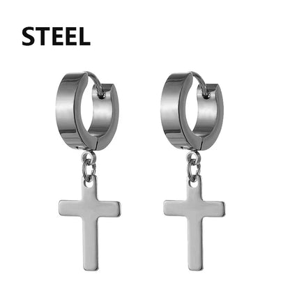 Stainless Steel Cross Star Dangle Earrings - Punk Gothic Hoop Huggie Jewelry for Men & Women
