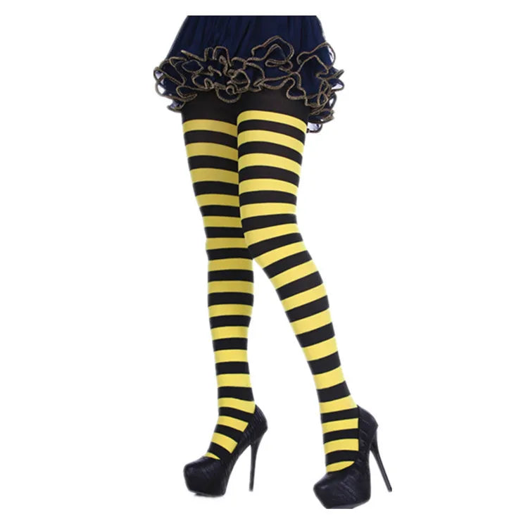 Goth Punk Women’s Rainbow Striped Pantyhose – High Waist Slim Leggings for Halloween Christmas Cosplay