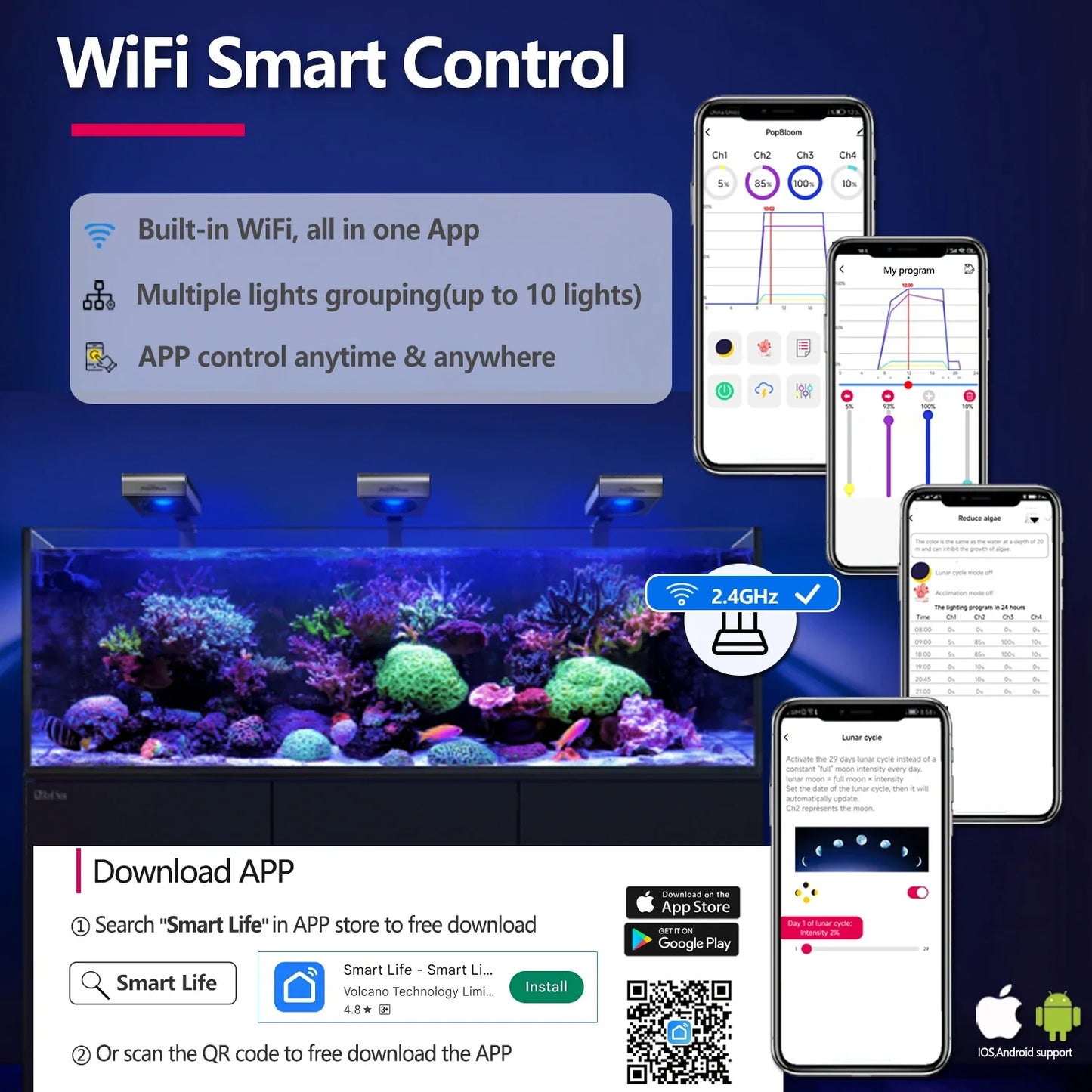 PopBloom WiFi Aquarium LED Light - Full Spectrum Reef Lamp for Coral SPS/LPS Growth & Fish Tank Lighting