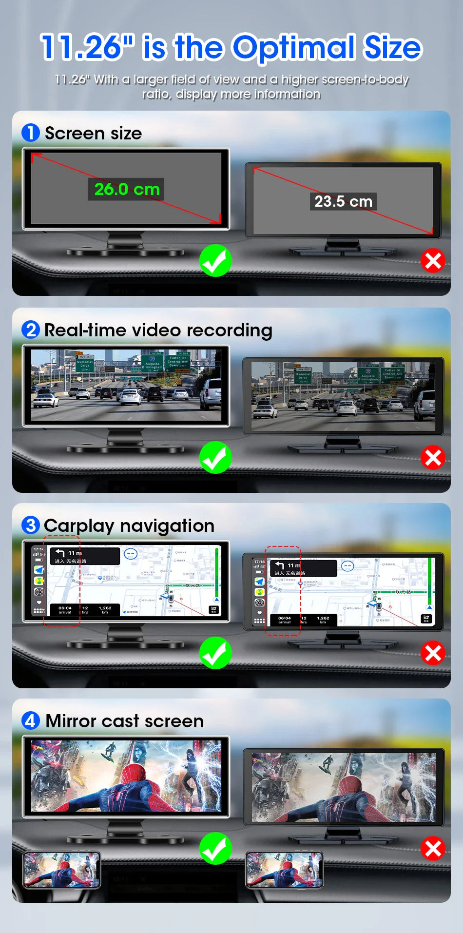 4K Dash Cam 10–11.26 Inch Car DVR – Wireless CarPlay & Android Auto GPS Navigation Dual Lens Video Recorder with WiFi FM AUX