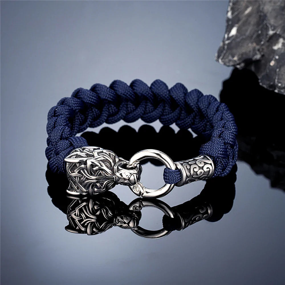 Vintage Norse Runes Celtic Wolf Survival Rope Bracelet - Handmade Stainless Steel Wristband for Men, Vikings Jewelry