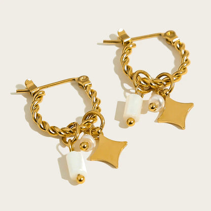 YACHAN 18K Gold-Plated Stainless Steel Hoop Earrings — Vintage Green Stone Charms, Trendy Waterproof Jewelry for Women