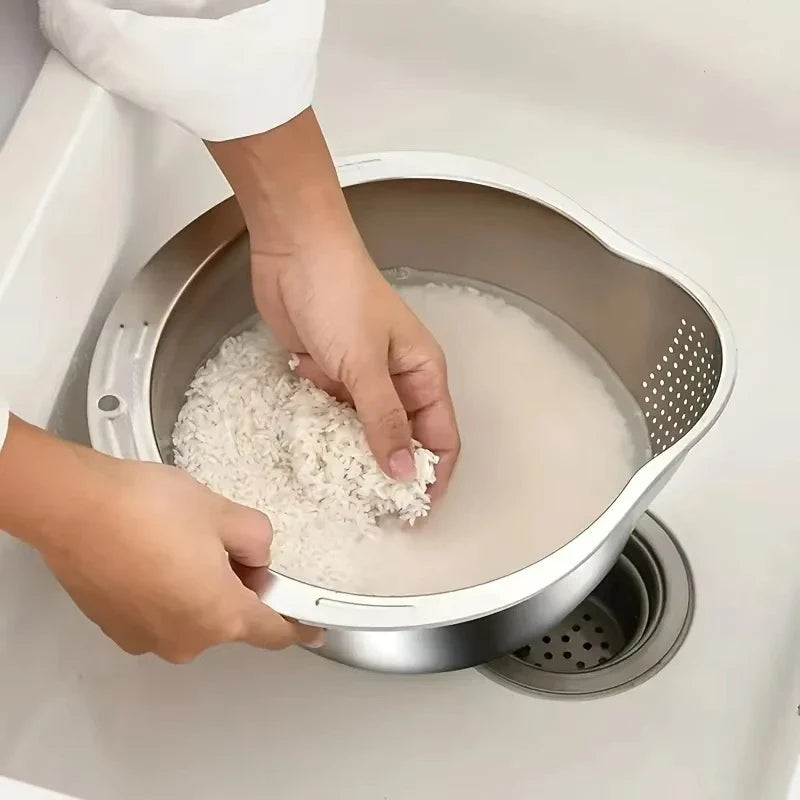 Stainless Steel Rice Washer Strainer Bowl – Multi-Purpose Rice, Fruit & Vegetable Sieve for Kitchen Use