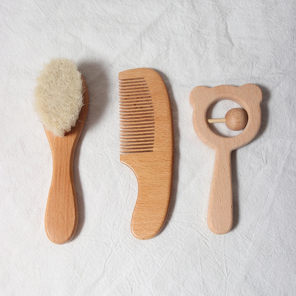 Baby Hair Care Gift Set - Natural Wool Brush, Wooden Comb, Bib and Pacifier Clip for Newborns
