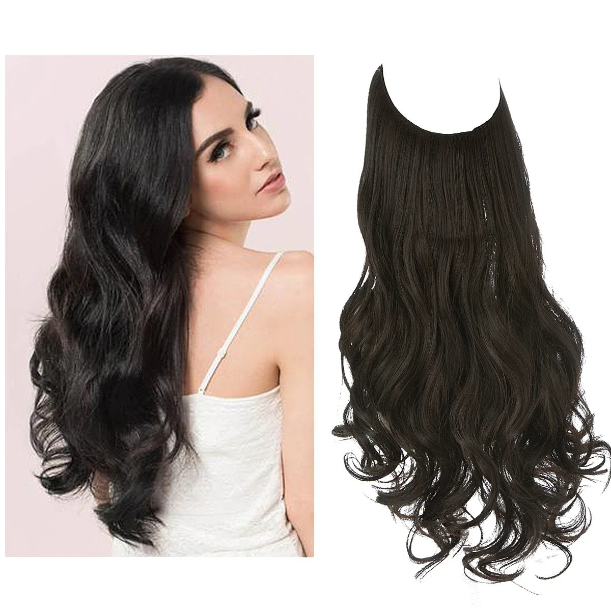 Synthetic Ombre Hair Extension - One Piece Invisible Wire Long Wavy Clipless False Hairpiece Black Blonde Pink