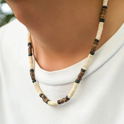 Men’s Summer Beach Wooden Bead Necklace – Handmade Tribal Surfer Jewelry with Geometric Steampunk Design