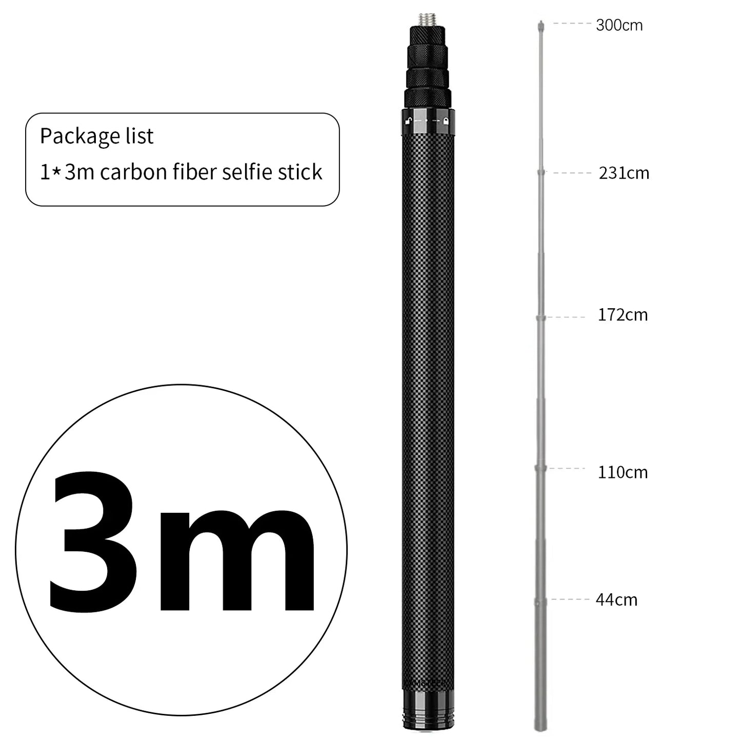 Carbon Fiber Invisible Selfie Stick 1.2m/3m – Bullet Time Rotating Tripod Handle for GoPro & Insta360 X4/X3/X2