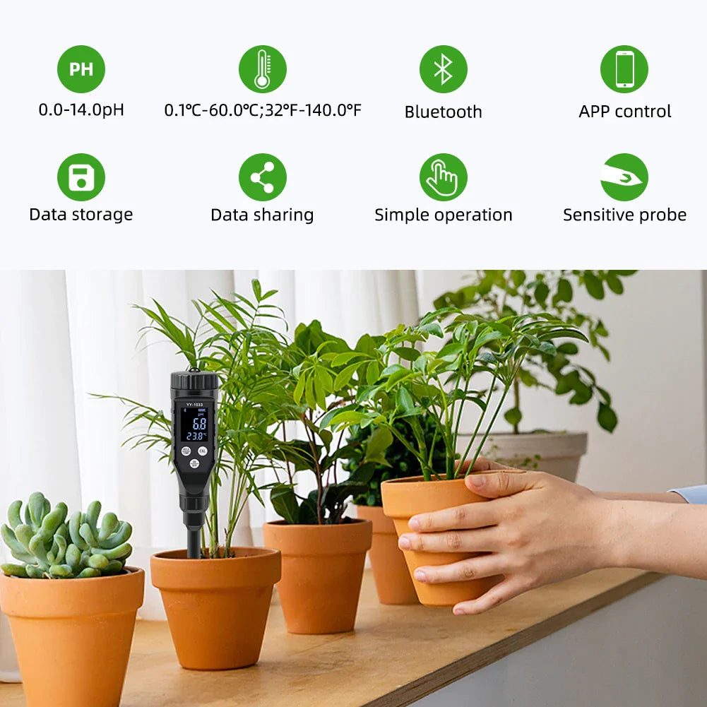 Smart Soil pH Meter 0.0-14.0pH - Bluetooth Soil Tester & Data Logger for Hydroponics, Garden & Farmland
