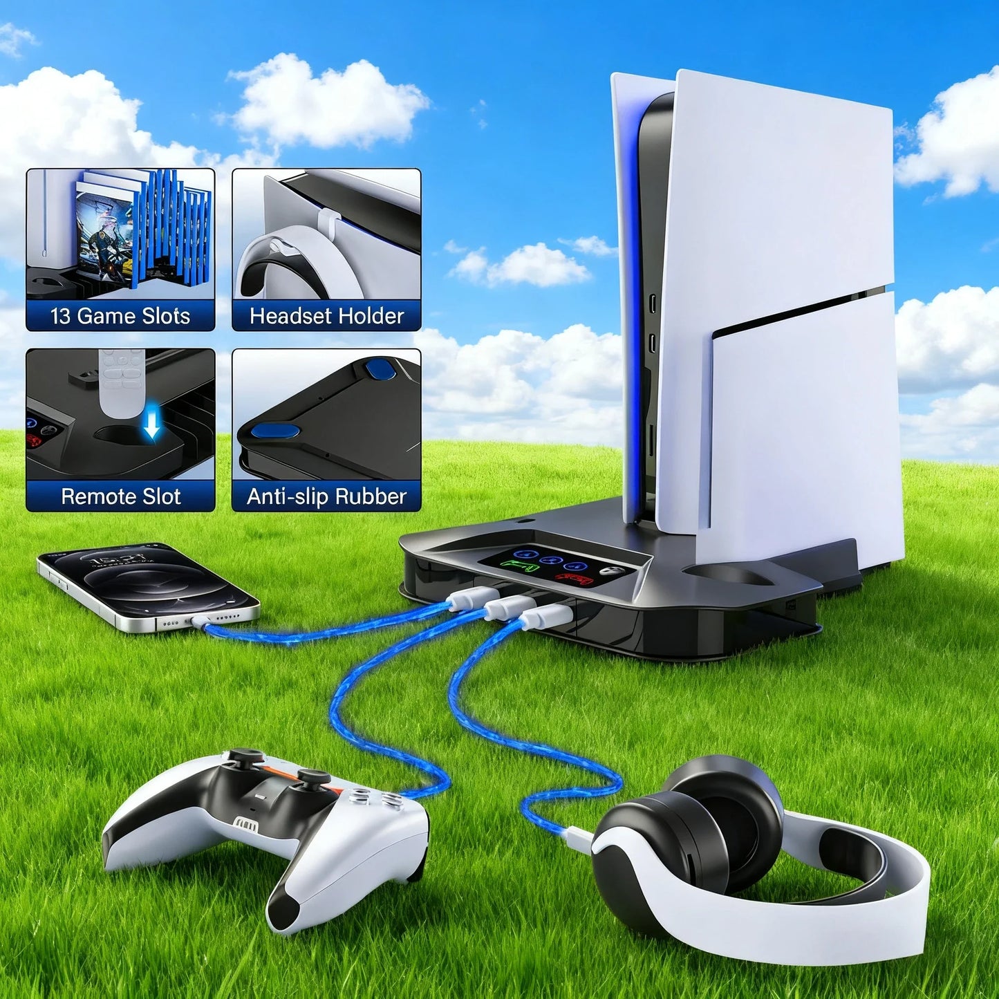 PS5 Console Cooling Station with Dual Controller Charger — Compatible with PS5, PS4, Slim & Pro | Built-in Fan & Charging Dock