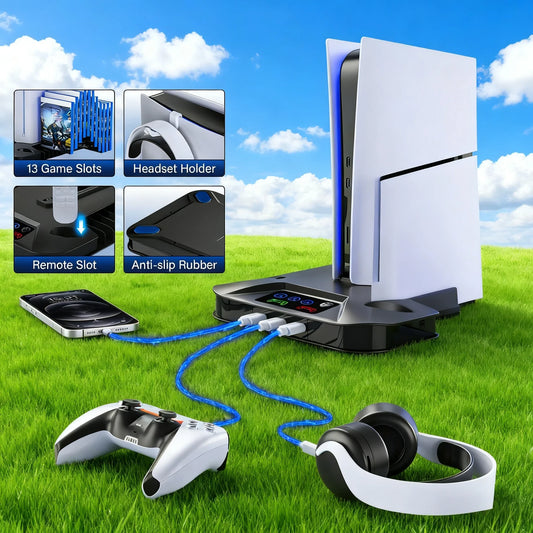 PS5 Console Cooling Station with Dual Controller Charger — Compatible with PS5, PS4, Slim & Pro | Built-in Fan & Charging Dock