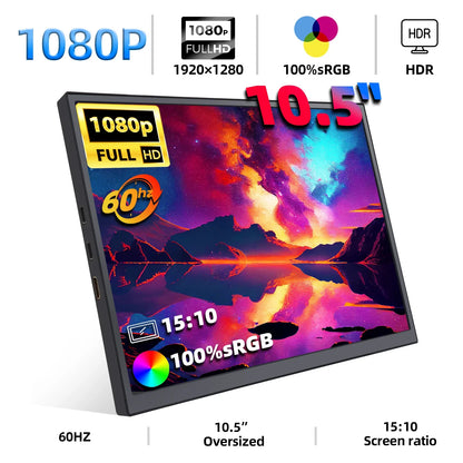 ZSUS 10.5-Inch Portable Monitor — 1280P, 100% sRGB, 15:10, Low Blue Light, Compatible with Xbox, PS4/5, Switch, Phone & PC/Laptop Extension